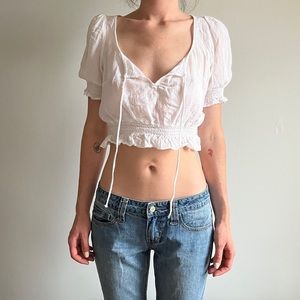 Tie Front White Linen Prairie Top with Puffy Sleeves